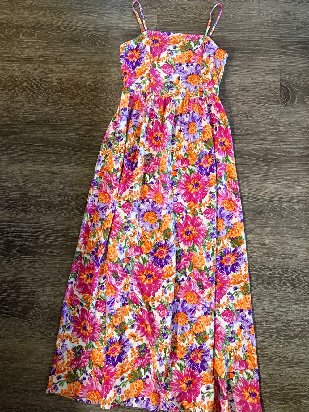 Floral Maxi Dress with Adjustable Spaghetti Straps - Pink & Orange